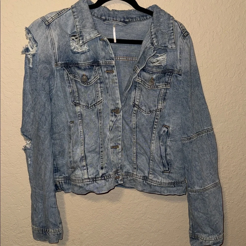Free People Light Blue Distressed Denim Jacket